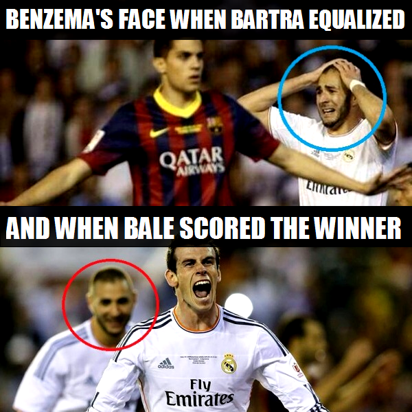 Benzema's facial expression after Bartra's goal and after Bale's winner
